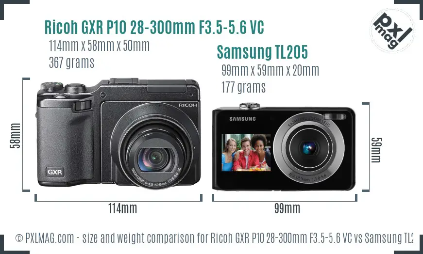 Ricoh GXR P10 28-300mm F3.5-5.6 VC vs Samsung TL205 size comparison