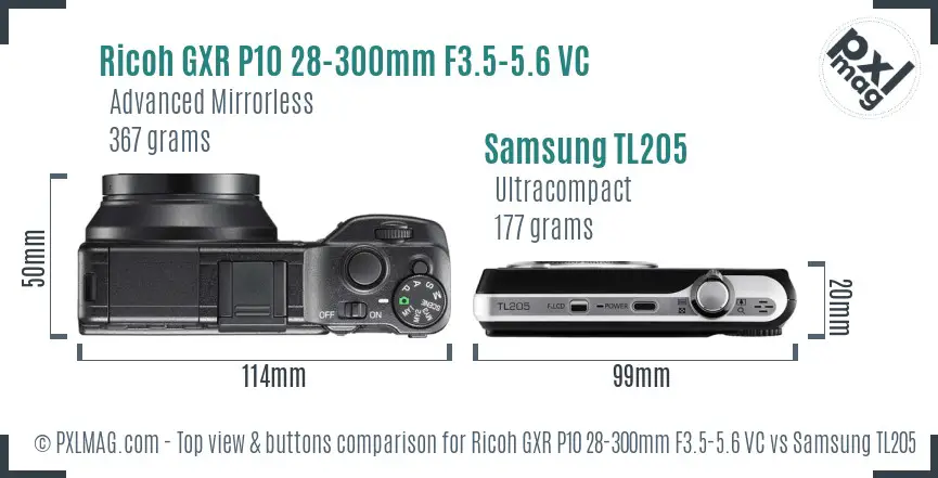 Ricoh GXR P10 28-300mm F3.5-5.6 VC vs Samsung TL205 top view buttons comparison