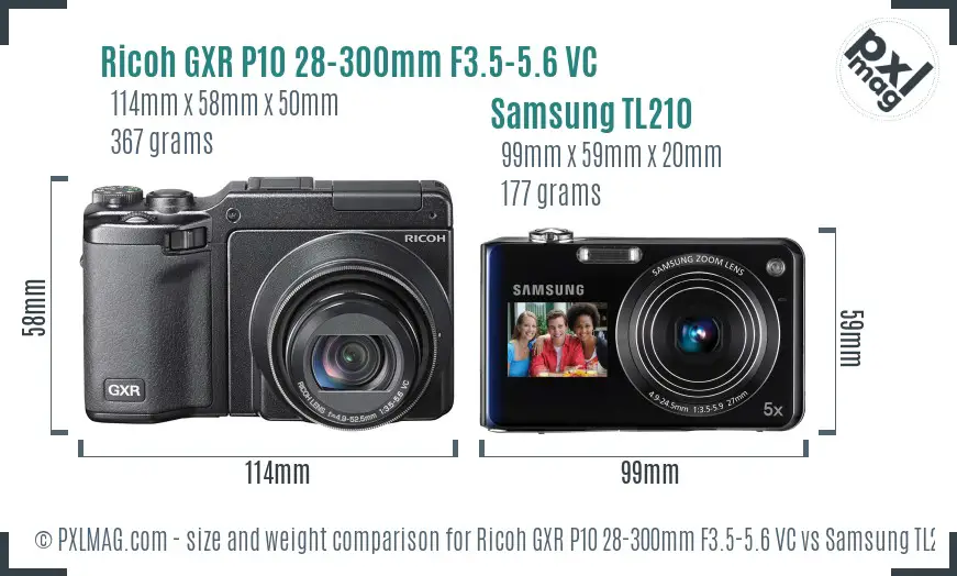 Ricoh GXR P10 28-300mm F3.5-5.6 VC vs Samsung TL210 size comparison