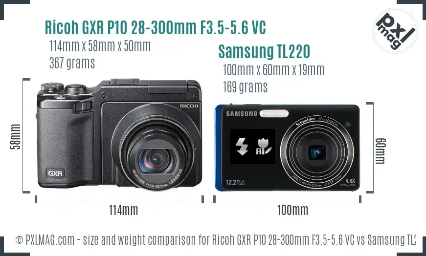 Ricoh GXR P10 28-300mm F3.5-5.6 VC vs Samsung TL220 size comparison