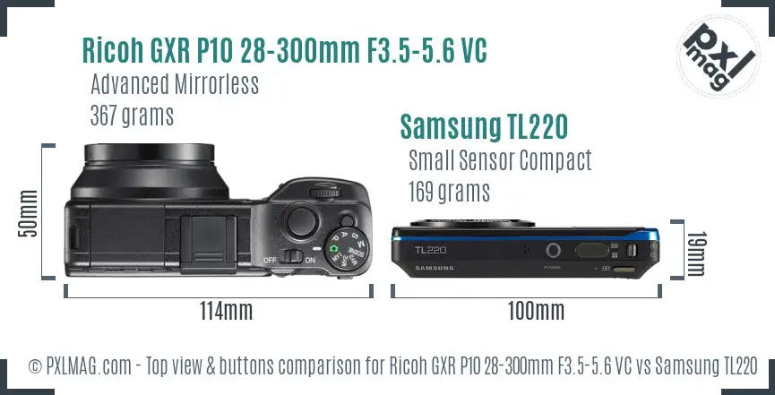 Ricoh GXR P10 28-300mm F3.5-5.6 VC vs Samsung TL220 top view buttons comparison