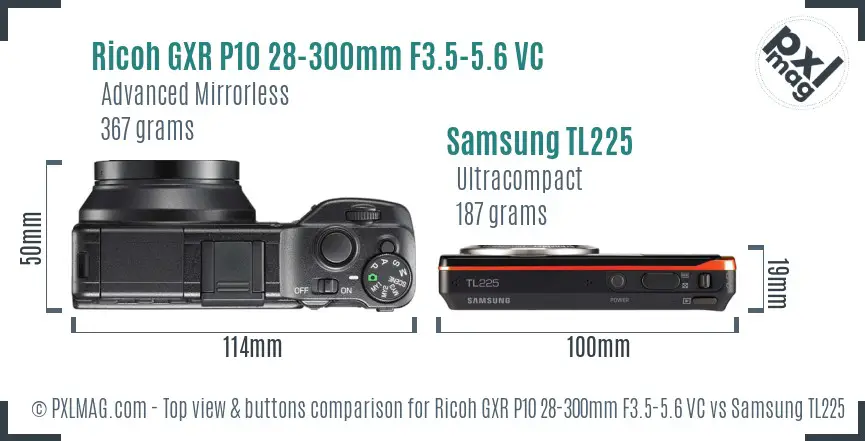 Ricoh GXR P10 28-300mm F3.5-5.6 VC vs Samsung TL225 top view buttons comparison