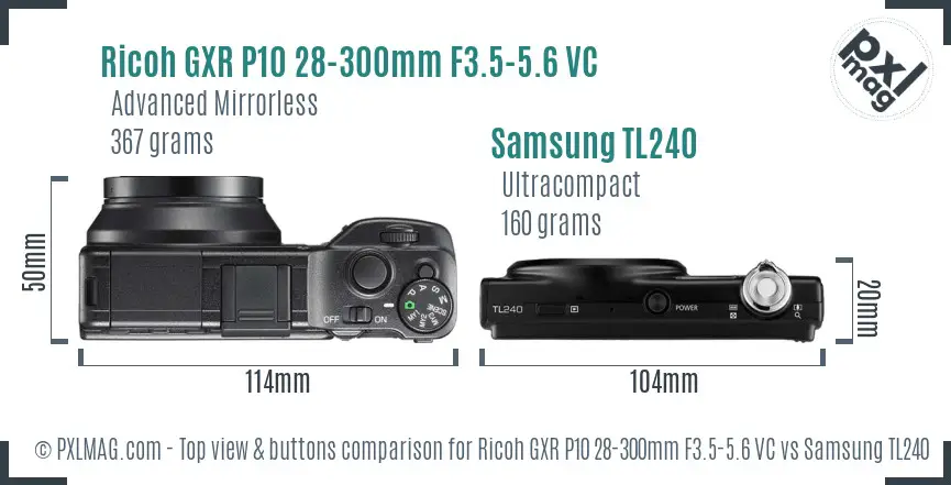 Ricoh GXR P10 28-300mm F3.5-5.6 VC vs Samsung TL240 top view buttons comparison