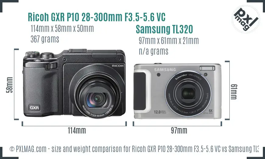 Ricoh GXR P10 28-300mm F3.5-5.6 VC vs Samsung TL320 size comparison