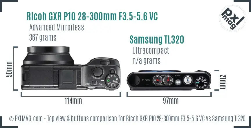 Ricoh GXR P10 28-300mm F3.5-5.6 VC vs Samsung TL320 top view buttons comparison