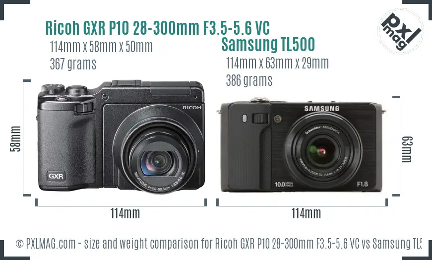 Ricoh GXR P10 28-300mm F3.5-5.6 VC vs Samsung TL500 size comparison