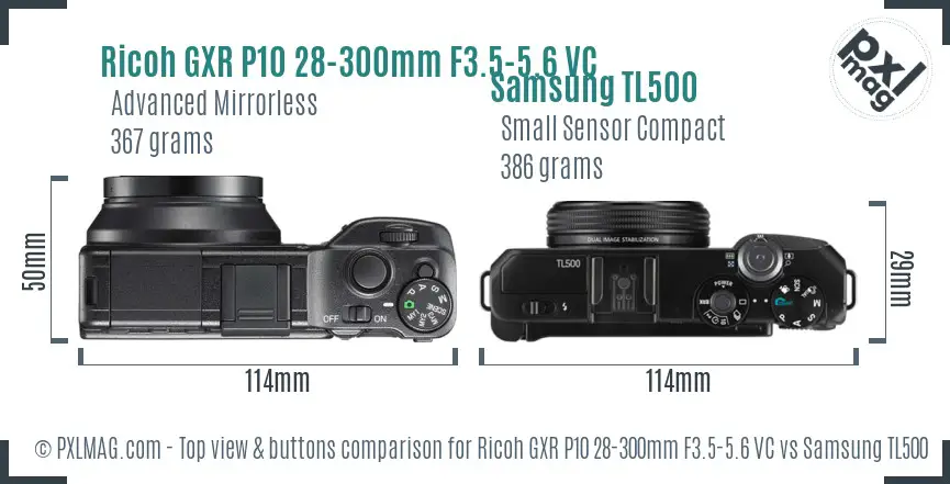 Ricoh GXR P10 28-300mm F3.5-5.6 VC vs Samsung TL500 top view buttons comparison