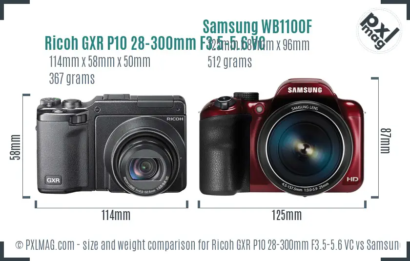 Ricoh GXR P10 28-300mm F3.5-5.6 VC vs Samsung WB1100F size comparison