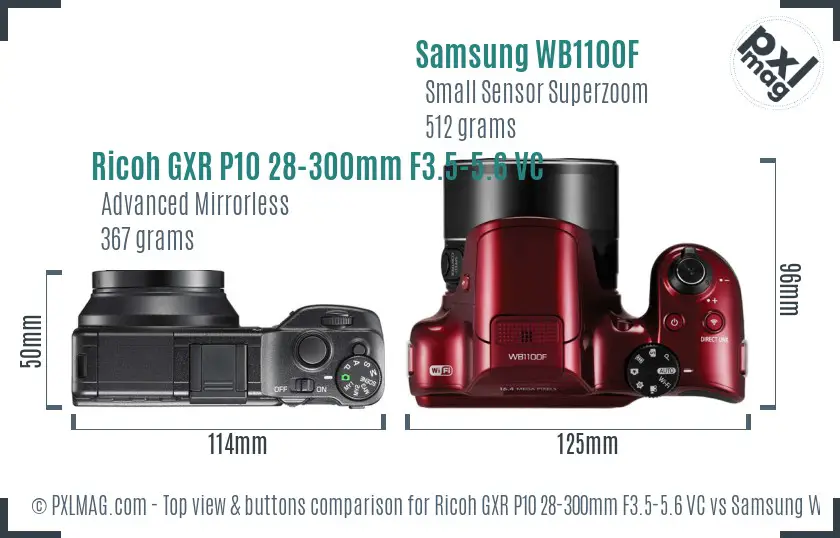 Ricoh GXR P10 28-300mm F3.5-5.6 VC vs Samsung WB1100F top view buttons comparison