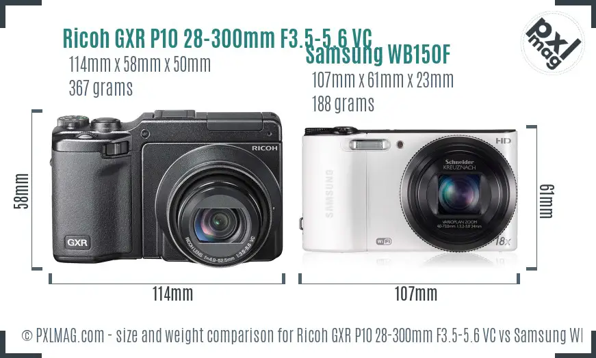 Ricoh GXR P10 28-300mm F3.5-5.6 VC vs Samsung WB150F size comparison