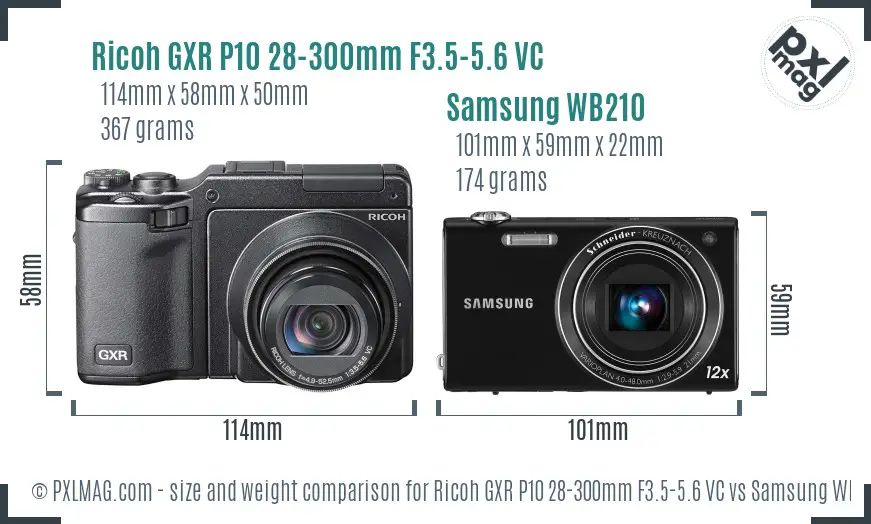 Ricoh GXR P10 28-300mm F3.5-5.6 VC vs Samsung WB210 size comparison