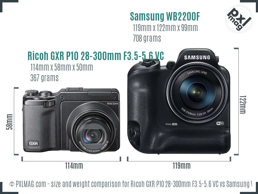 Ricoh GXR P10 28-300mm F3.5-5.6 VC vs Samsung WB2200F size comparison