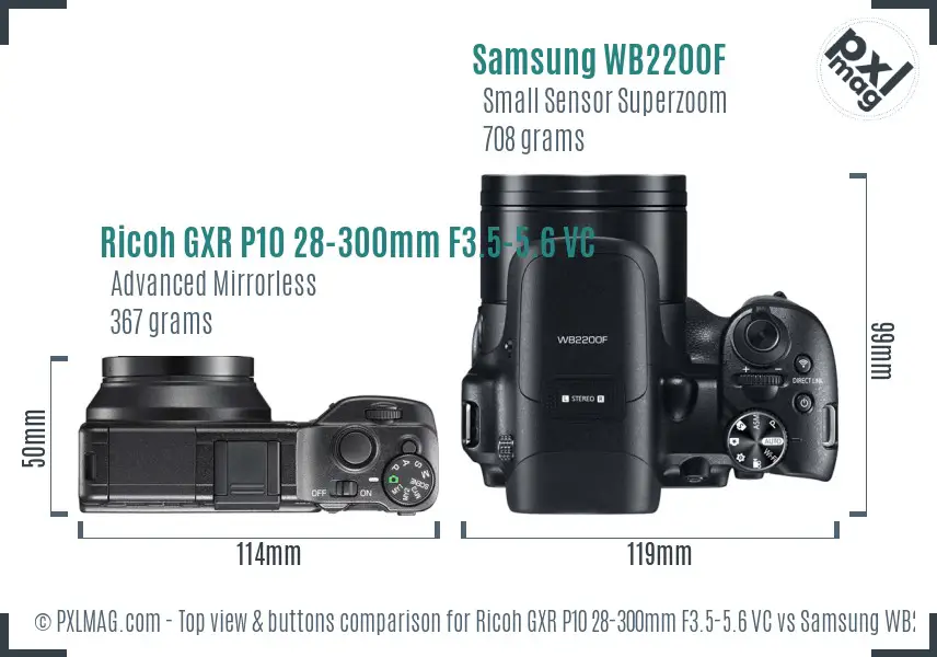 Ricoh GXR P10 28-300mm F3.5-5.6 VC vs Samsung WB2200F top view buttons comparison