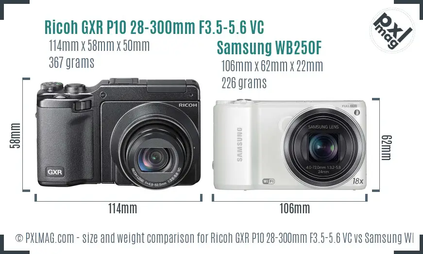 Ricoh GXR P10 28-300mm F3.5-5.6 VC vs Samsung WB250F size comparison