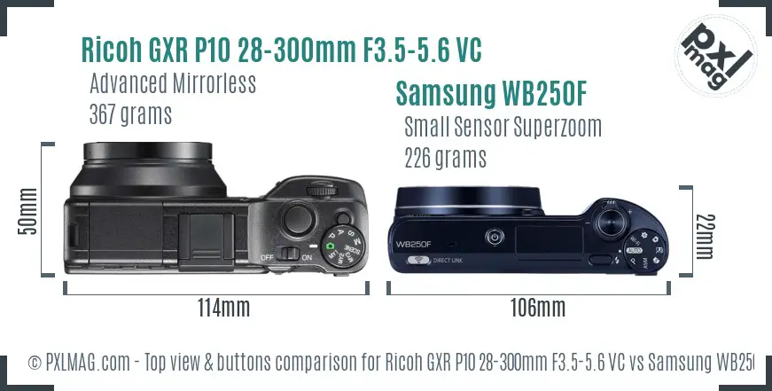 Ricoh GXR P10 28-300mm F3.5-5.6 VC vs Samsung WB250F top view buttons comparison