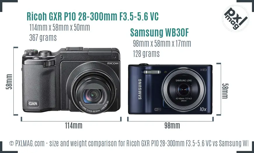 Ricoh GXR P10 28-300mm F3.5-5.6 VC vs Samsung WB30F size comparison