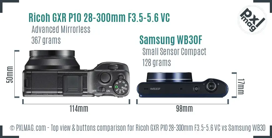 Ricoh GXR P10 28-300mm F3.5-5.6 VC vs Samsung WB30F top view buttons comparison