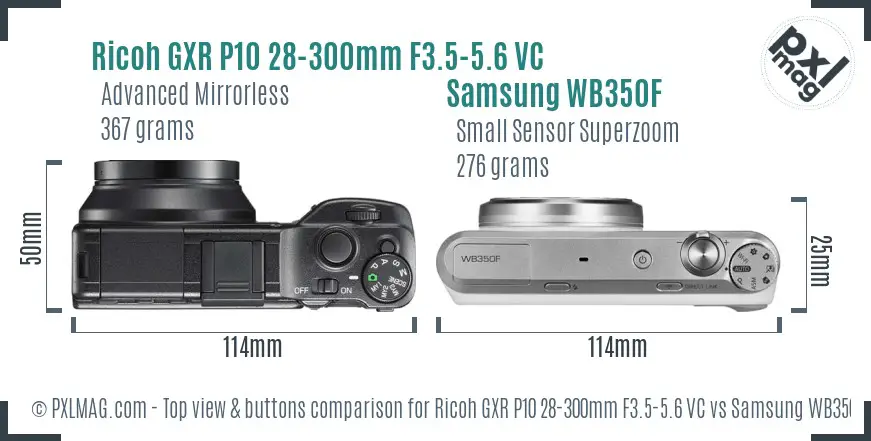 Ricoh GXR P10 28-300mm F3.5-5.6 VC vs Samsung WB350F top view buttons comparison