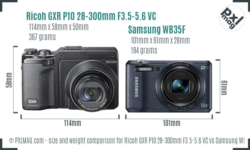 Ricoh GXR P10 28-300mm F3.5-5.6 VC vs Samsung WB35F size comparison