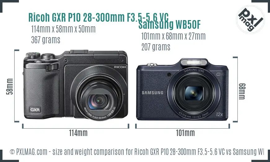 Ricoh GXR P10 28-300mm F3.5-5.6 VC vs Samsung WB50F size comparison