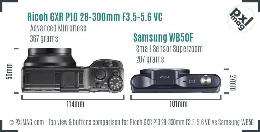 Ricoh GXR P10 28-300mm F3.5-5.6 VC vs Samsung WB50F top view buttons comparison