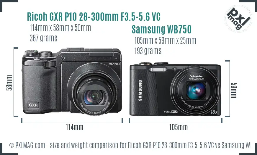 Ricoh GXR P10 28-300mm F3.5-5.6 VC vs Samsung WB750 size comparison