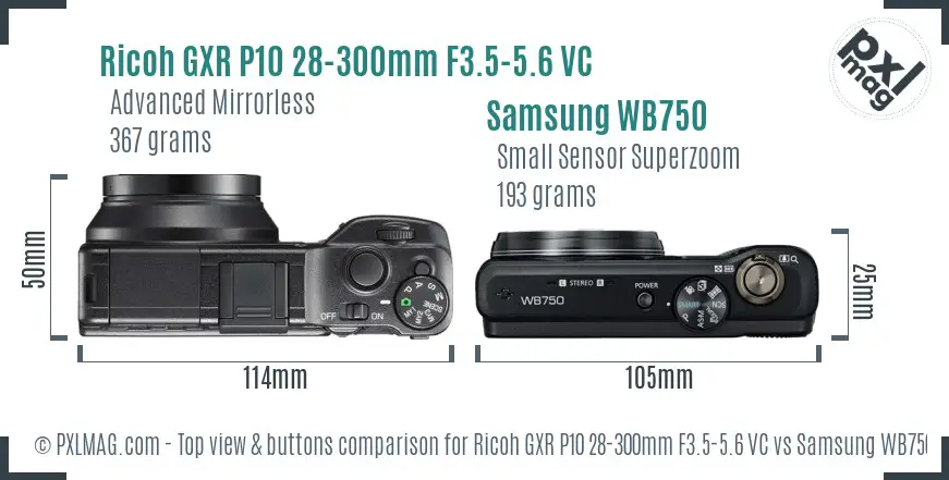 Ricoh GXR P10 28-300mm F3.5-5.6 VC vs Samsung WB750 top view buttons comparison