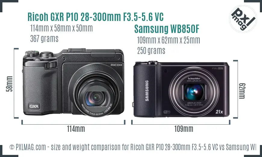 Ricoh GXR P10 28-300mm F3.5-5.6 VC vs Samsung WB850F size comparison