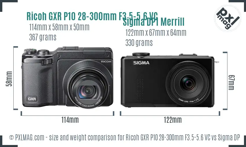 Ricoh GXR P10 28-300mm F3.5-5.6 VC vs Sigma DP1 Merrill size comparison