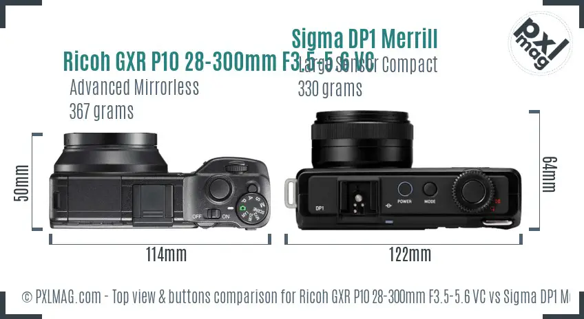 Ricoh GXR P10 28-300mm F3.5-5.6 VC vs Sigma DP1 Merrill top view buttons comparison