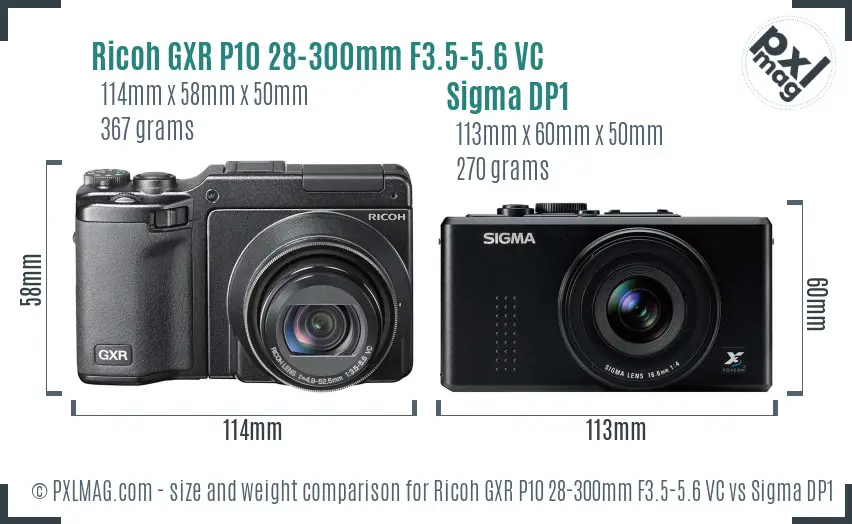 Ricoh GXR P10 28-300mm F3.5-5.6 VC vs Sigma DP1 size comparison