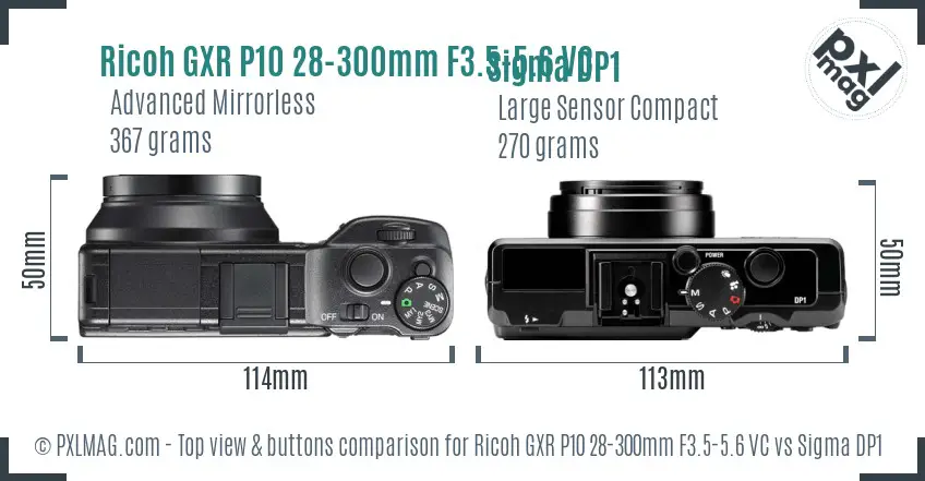 Ricoh GXR P10 28-300mm F3.5-5.6 VC vs Sigma DP1 top view buttons comparison