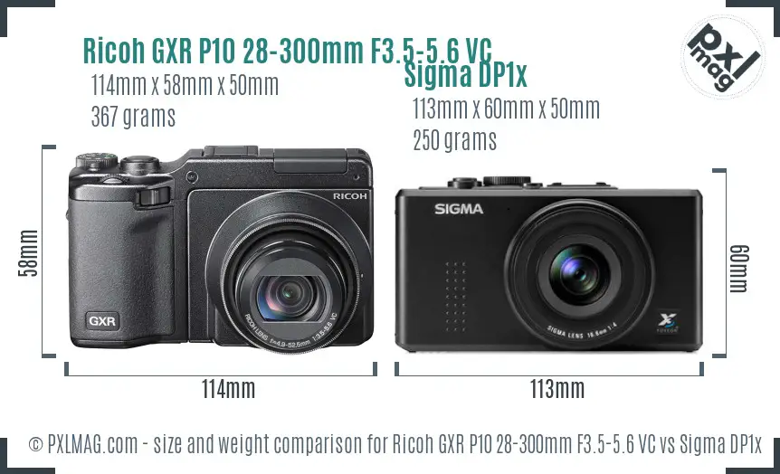 Ricoh GXR P10 28-300mm F3.5-5.6 VC vs Sigma DP1x size comparison