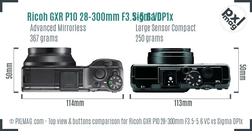 Ricoh GXR P10 28-300mm F3.5-5.6 VC vs Sigma DP1x top view buttons comparison