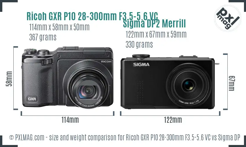 Ricoh GXR P10 28-300mm F3.5-5.6 VC vs Sigma DP2 Merrill size comparison