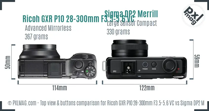 Ricoh GXR P10 28-300mm F3.5-5.6 VC vs Sigma DP2 Merrill top view buttons comparison