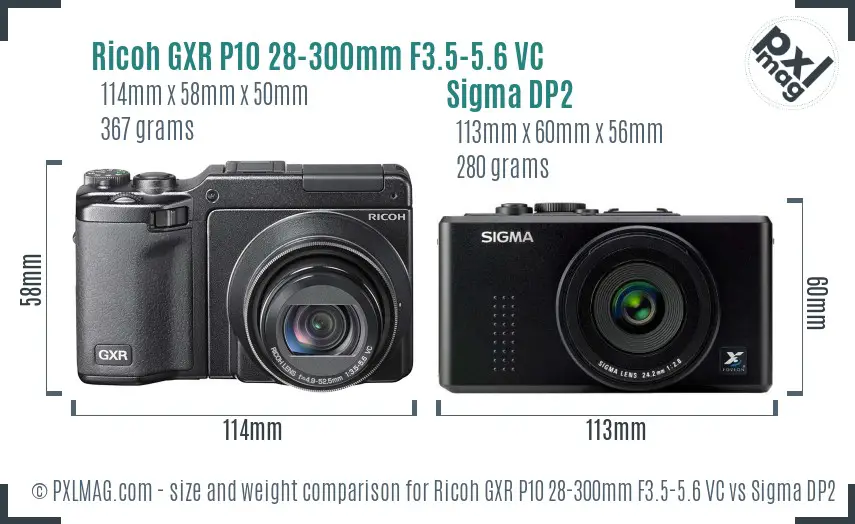 Ricoh GXR P10 28-300mm F3.5-5.6 VC vs Sigma DP2 size comparison
