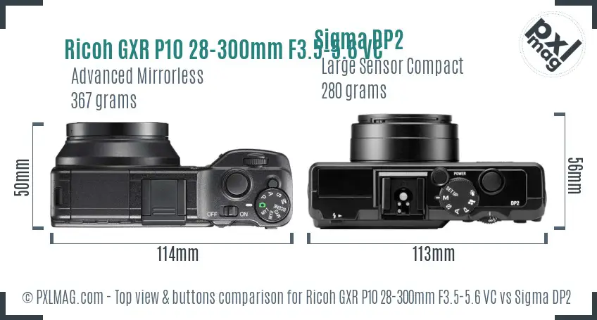 Ricoh GXR P10 28-300mm F3.5-5.6 VC vs Sigma DP2 top view buttons comparison