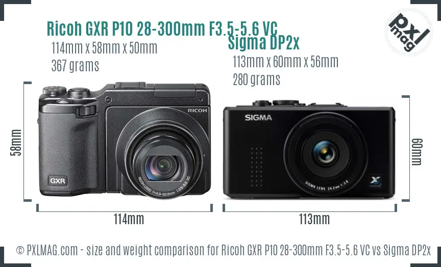 Ricoh GXR P10 28-300mm F3.5-5.6 VC vs Sigma DP2x size comparison