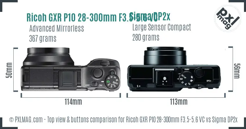 Ricoh GXR P10 28-300mm F3.5-5.6 VC vs Sigma DP2x top view buttons comparison