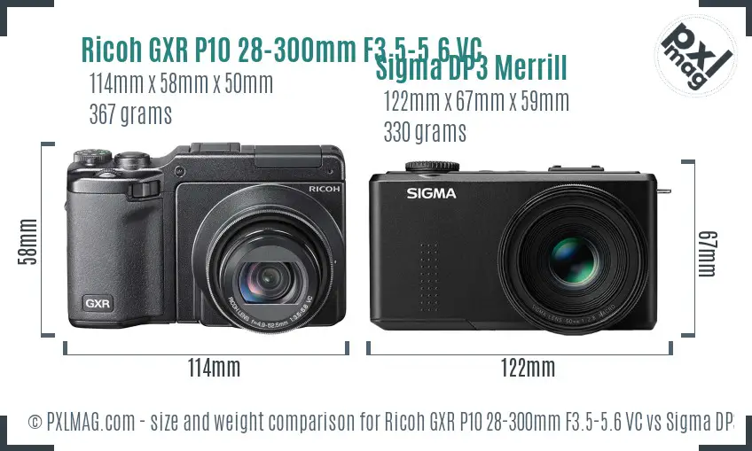 Ricoh GXR P10 28-300mm F3.5-5.6 VC vs Sigma DP3 Merrill size comparison
