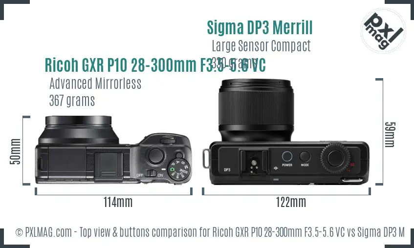 Ricoh GXR P10 28-300mm F3.5-5.6 VC vs Sigma DP3 Merrill top view buttons comparison