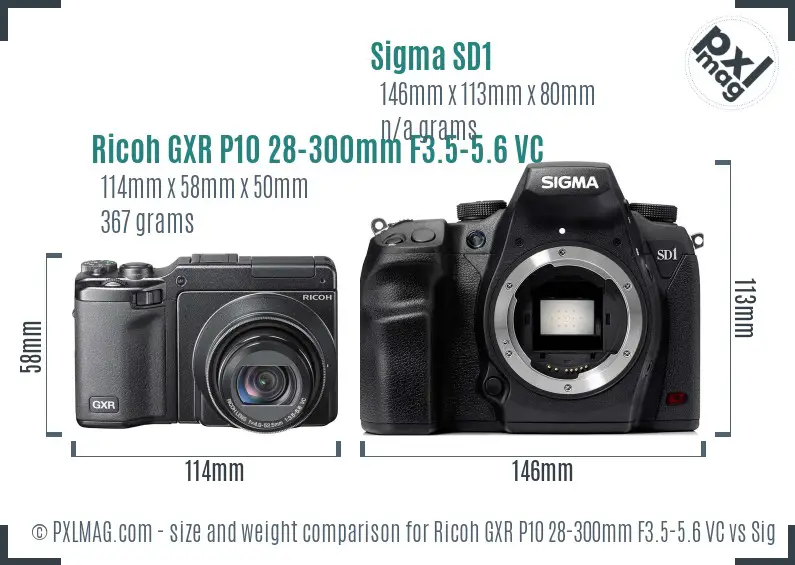 Ricoh GXR P10 28-300mm F3.5-5.6 VC vs Sigma SD1 size comparison