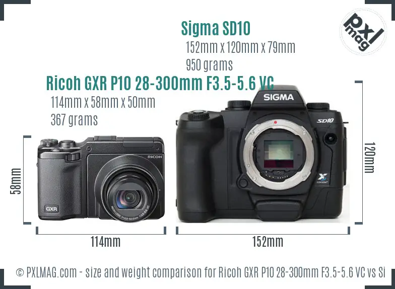 Ricoh GXR P10 28-300mm F3.5-5.6 VC vs Sigma SD10 size comparison