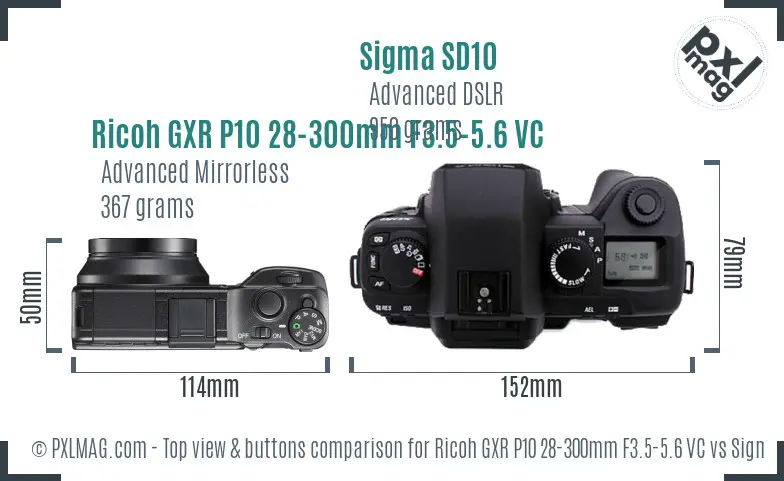Ricoh GXR P10 28-300mm F3.5-5.6 VC vs Sigma SD10 top view buttons comparison