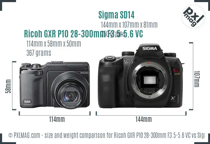 Ricoh GXR P10 28-300mm F3.5-5.6 VC vs Sigma SD14 size comparison
