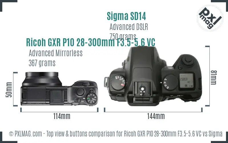 Ricoh GXR P10 28-300mm F3.5-5.6 VC vs Sigma SD14 top view buttons comparison