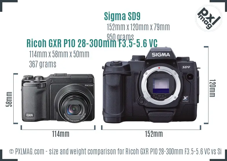 Ricoh GXR P10 28-300mm F3.5-5.6 VC vs Sigma SD9 size comparison