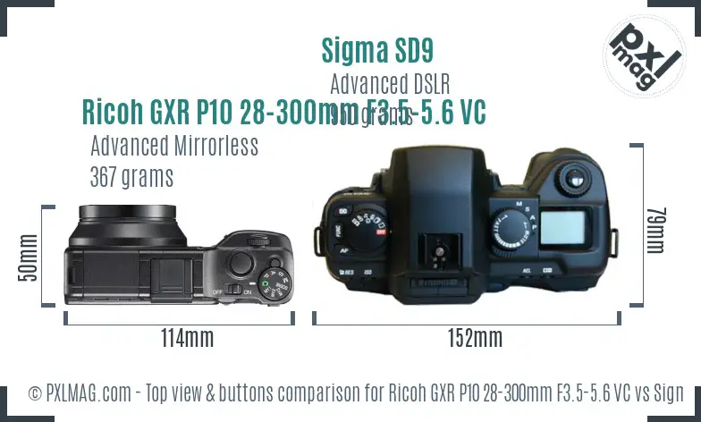 Ricoh GXR P10 28-300mm F3.5-5.6 VC vs Sigma SD9 top view buttons comparison