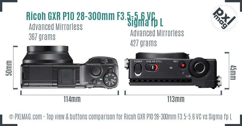 Ricoh GXR P10 28-300mm F3.5-5.6 VC vs Sigma fp L top view buttons comparison
